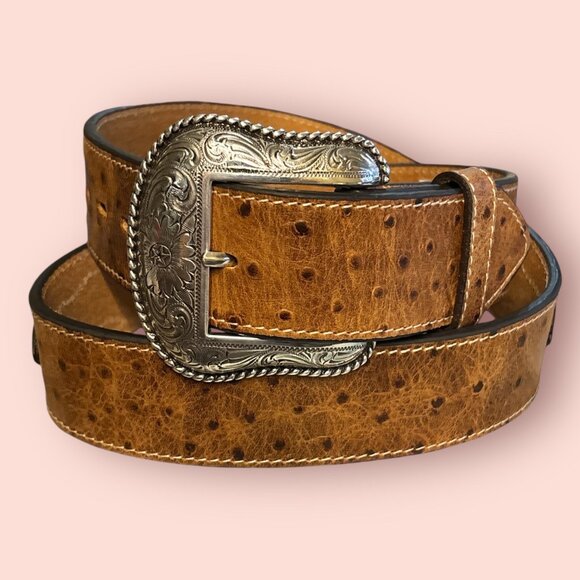 ROPER 8641500 TAN OSTRICH PRINT LEATHER BELT - BELT HOLES 29.5 - 34 INCHES - NWT - Picture 1 of 3